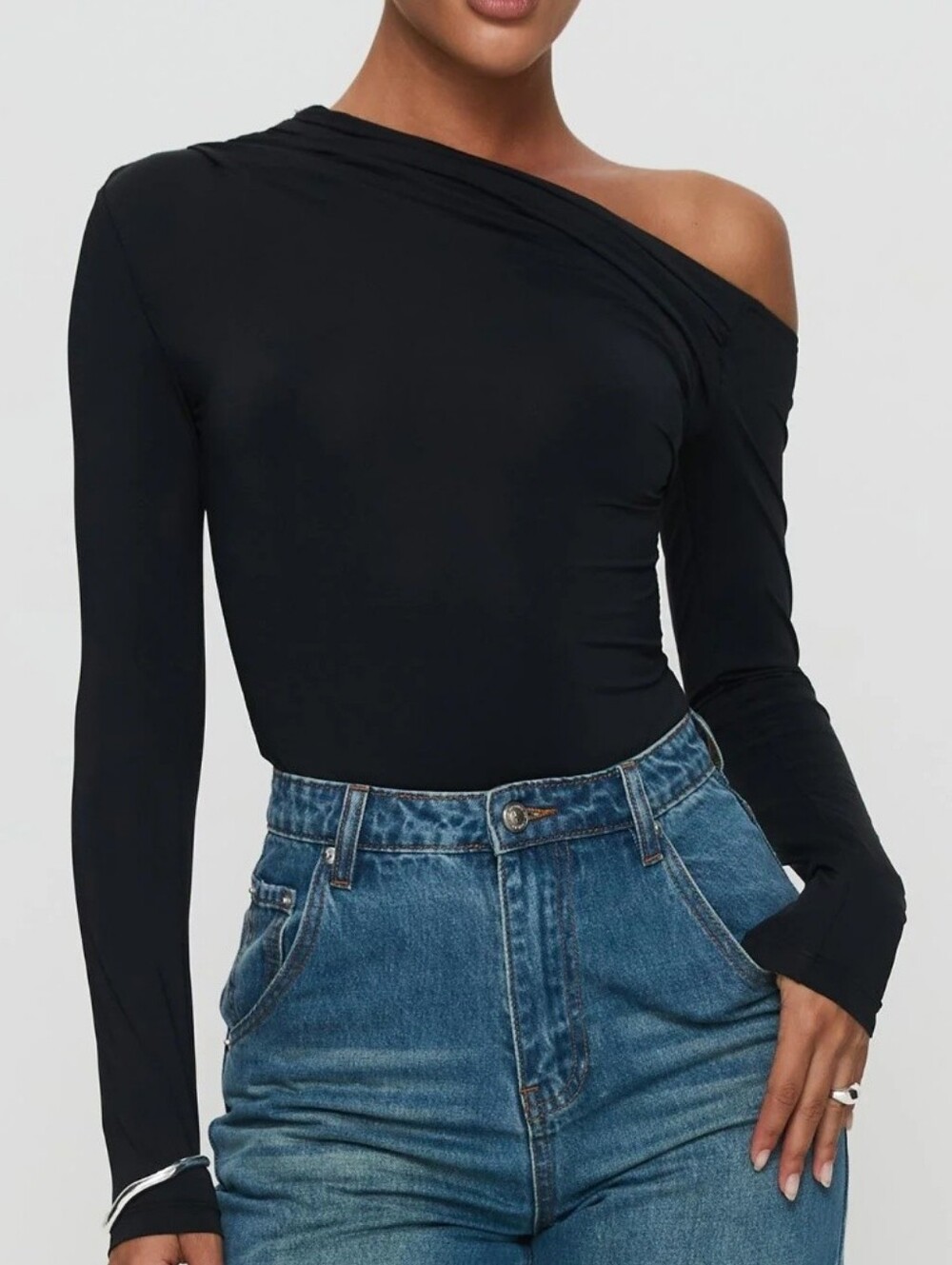 Princess Polly Off-Shoulder Long Sleeve Bodysuit in Black